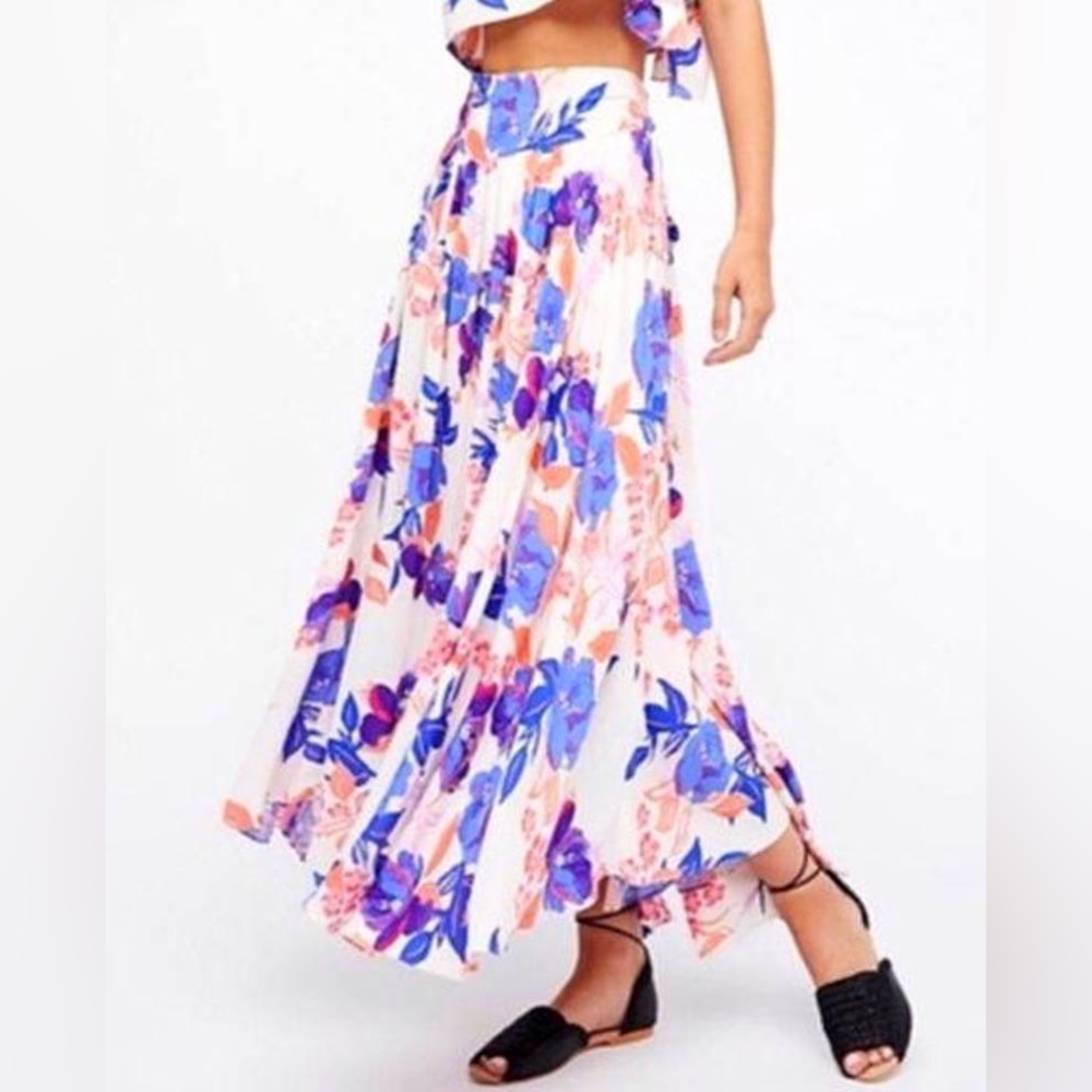 Free People Sundown Maxi Skirt tie waist with fringe detail front pockets large